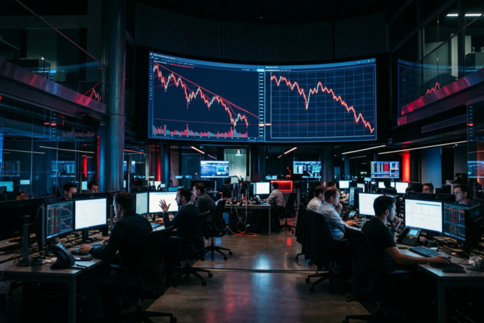 Digital kursgraf viser Bitcoin og yen falde samtidig på en børsskærm i mørke omgivelser.