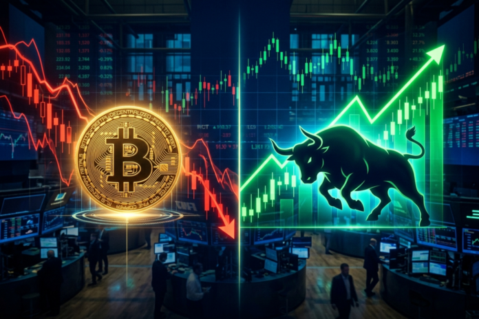 Illustration der viser en bitcoin-mønt ved siden af stigende aktiekurver, som symboliserer kontrasten mellem kryptomarkedet og aktiemarkedet.