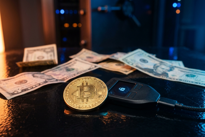 Bitcoin-mønt og en hardware-tegnebog ligger ved siden af dollarsedler som symbol på usikkerheden i kryptomarkedet.