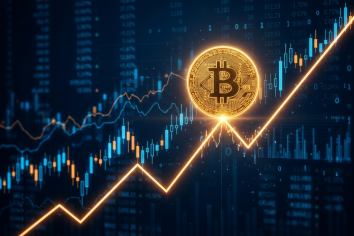 Bitcoin fanget under 65.000 dollar: Hvaler køber stille, mens ETF-strømme vender tilbage Illustration af en bitcoin-mønt balanceret på en stigende kursgraf med finansielle diagrammer i baggrunden