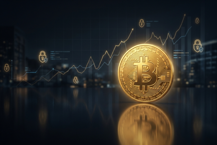 Bitcoin holder vejret: ETF-milliarder vender tilbage, mens Fed og et hackerangreb skygger over markedet Illustration af en bitcoin-mønt i ro på en mørk baggrund med antydede kursgrafer og sikkerhedsymboler