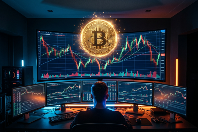 Bitcoin runder 79.500 dollar efter voldsom kort-squeeze, men overophedet RSI advarer om korrektion Illustration af en bitcoin-mønt over et volatilt kursdiagram, der symboliserer den kraftige kursstigning og efterfølgende korrektion