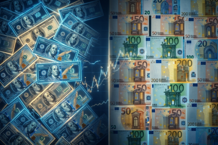 Dollaren i tovtrækning: Svage jobtal sætter Feds rentelinje under pres, mens ECB holder fast Illustration af dollar- og eurosedler der mødes over en finansiel graf, som symbol på valutakampen mellem Fed og ECB.