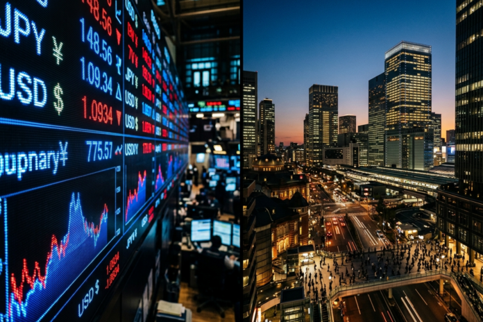 Elektronisk valutatavle i Tokyo viser vekselkursen mellem japanske yen og amerikanske dollar mod en skyline af finansdistriktet.