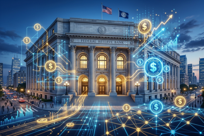 Illustration af digitale dollar-tokens og blockchain-netværk foran en centralbank-bygning som symbol på stablecoins og betalingsinnovation