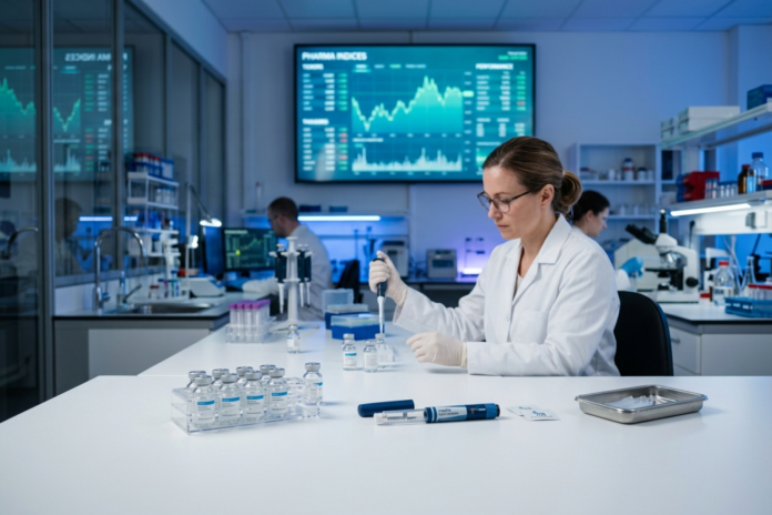 Laboratorieudstyr og en medicinpen på et bord med en aktiekursgraf i baggrunden, der symboliserer Novo Nordisks aktie og medicinske produkter.