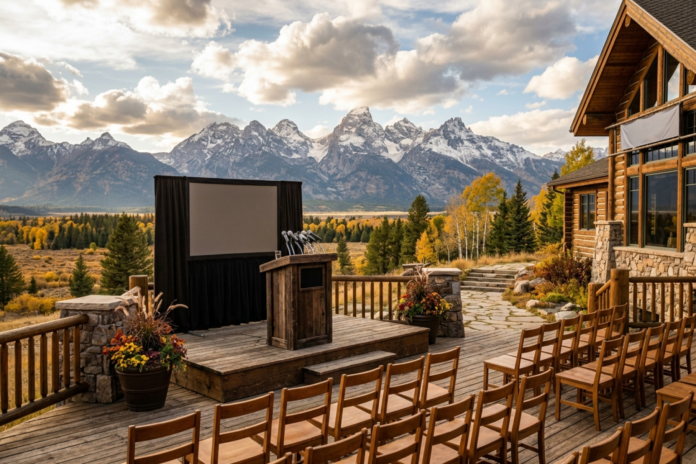 Podium foran Grand Teton-bjergene i Jackson Hole, hvor Fed-formanden skal holde sin tale under det økonomiske symposium.