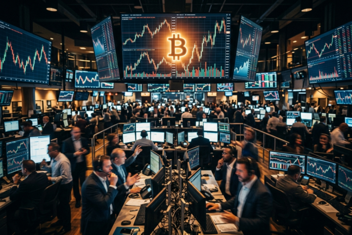 Illustration af finansielle kurser og en bitcoin-mønt der symboliserer markedets reaktion på renteforventninger