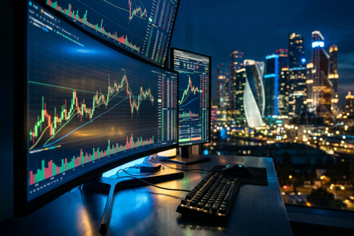 Illustration af en digital handelsskærm med kryptovaluta-kurser og finansielle grafer i baggrunden