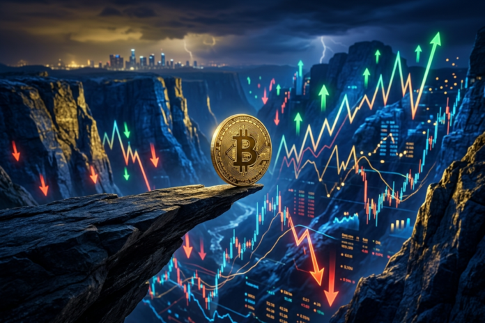 Illustration af en Bitcoin-mønt balancerende over et volatilt kursdiagram, der symboliserer markedets usikkerhed før Feds rentebeslutning.