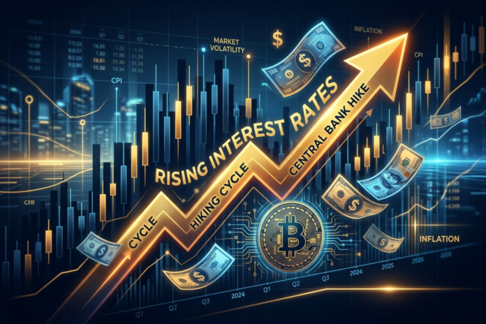 Illustration af stigende renter og finansielle grafer med en Bitcoin-mønt i baggrunden