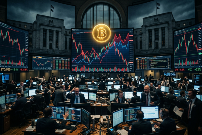 Illustration af finansielle kursgrafer og en Bitcoin-mønt, der symboliserer usikkerheden om renter og kryptomarkedet i september 2026.