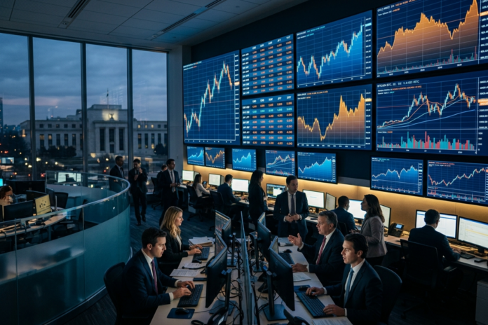 Skæbneuge for markederne: CPI-tal, ECB-møde og Trumps pres på Warsh sætter renten på spidsen Illustration af finansielle skærme med aktiekurser, valutakurser og kryptovaluta, der symboliserer den afgørende uge for rentebeslutninger.